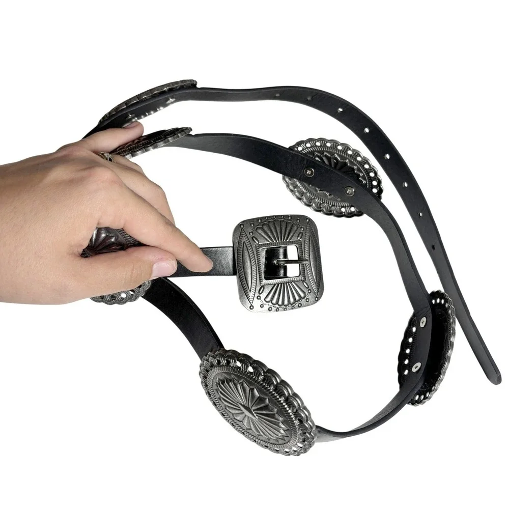 Womens Concho Belt Lrg Black Faux Leather Silver Tone Western Festival Boho Edgy
